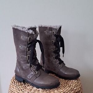 Sorel Womens Emelie Waterproof Brown Leather/Suede Mid Calf Boots Faux Fur 8